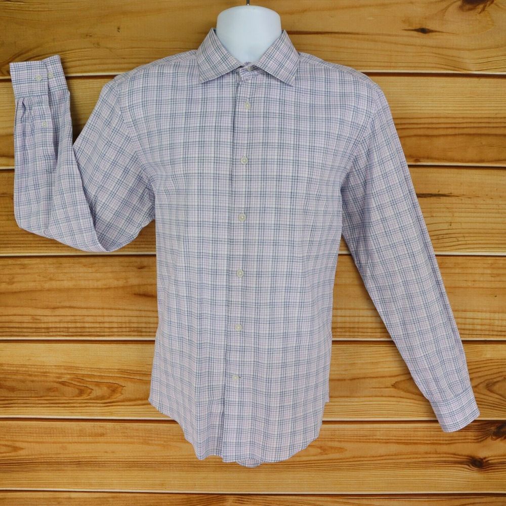 Joseph Abboud Dress Shirt Mens Size M Purple‎ Plaid 100% Cotton Spread Collar